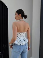 White Polka Dot Halter Peplum Top - Image 2