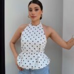 White Polka Dot Halter Peplum Top