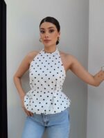 White Polka Dot Halter Peplum Top