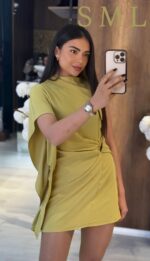 Yellow Draped Asymmetric Mini Dress