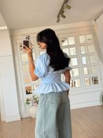 Light Blue Puff Sleeve Peplum Blouse - Image 2