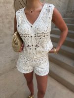White Crochet Lace Two Piece Short Set