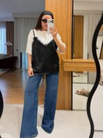 Black Satin Lace Trim Slip Layer Top - Image 2