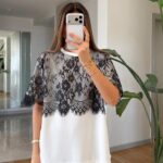 White T-Shirt With Black Lace Overlay