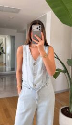 Light Wash Denim Vest and Wide Leg Pants Set - Image 2