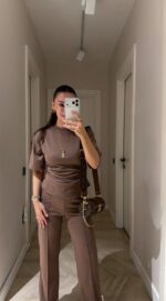 Women's Brown Short Sleeve Top And Pants Set - Image 2