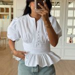 White Peplum Puff Sleeve Blouse