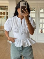 White Peplum Puff Sleeve Blouse