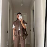 Brown Wide Leg Track Pants Set