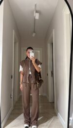 Brown Wide Leg Track Pants Set
