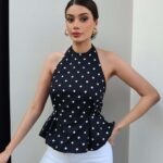Black Polka Dot Halter Peplum Top