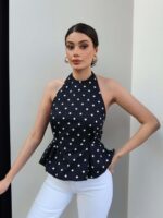 Black Polka Dot Halter Peplum Top
