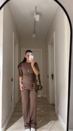 Women's Brown Short Sleeve Top And Pants Set