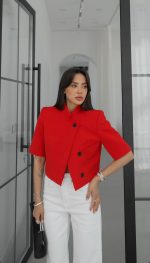 Red Cropped Blazer With Black Buttons - Image 2