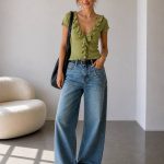 Olive Ruffle V-Neck Short Sleeve Top