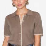 Brown Short Sleeve Lace Trim Polo Shirt