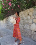 Pink Yellow Ikat Off Shoulder Maxi Dress