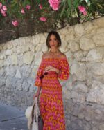 Pink Yellow Ikat Off Shoulder Maxi Dress - Image 3