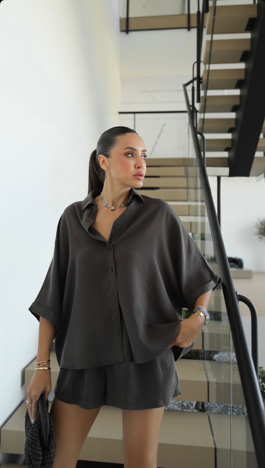 76c46f5f-7609-46ba-b080-22e82c1a216c Dark Grey Button-Up Shirt and Shorts Set - Image 1
