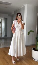 White Short Sleeve Midi Dress