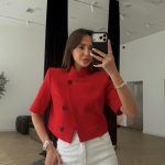 Red Cropped Blazer With Black Buttons