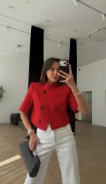 Red Cropped Blazer With Black Buttons