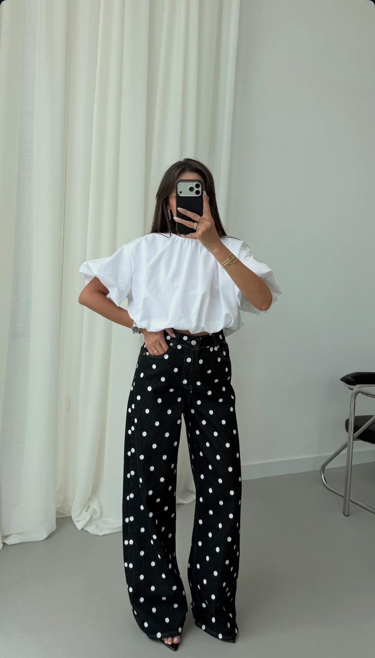 94f9c475-0fa6-47fd-a32f-f00c1ac46987 Black Polka Dot Wide Leg Jeans - Image 1