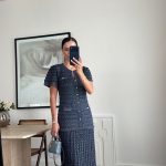Navy Tweed Short Sleeve Maxi Dress