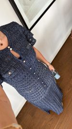 Navy Tweed Short Sleeve Maxi Dress - Image 4