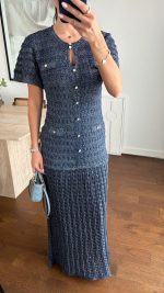 Navy Tweed Short Sleeve Maxi Dress - Image 3