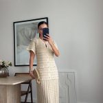 Beige Tweed Short Sleeve Maxi Dress