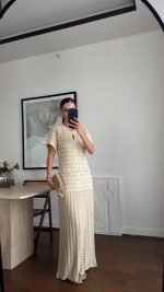Beige Tweed Short Sleeve Maxi Dress