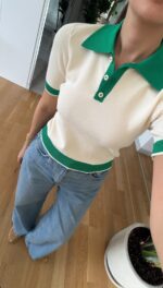 Ivory and Green Short Sleeve Polo Shirt - Image 2
