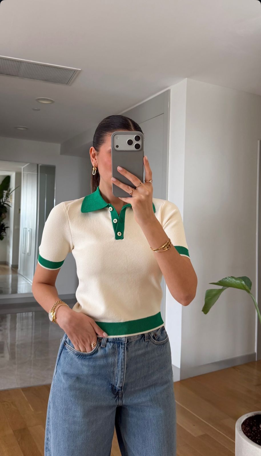 WhatsApp Image 2026-05-13 at 2.46.43 PM Ivory and Green Short Sleeve Polo Shirt - Image 1