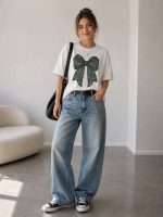 White T-Shirt With Black Bow Graphic
