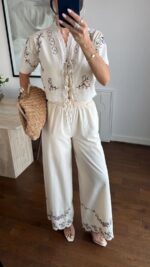 Cream Embroidered Two Piece Set - Image 3
