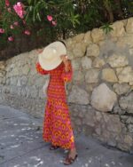 Pink Yellow Ikat Off Shoulder Maxi Dress - Image 2