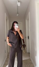 Brown Zip Polo and Wide Leg Pants Set - Image 4