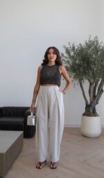 High Waist Wide Leg Beige Pants - Image 2