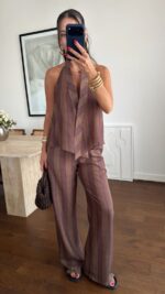 Brown Striped Halter Top and Pants Set - Image 4