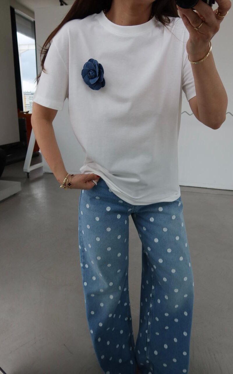White T-Shirt With Blue Flower Brooch
