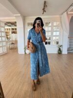 Blue Short Sleeve Belted Shirt Dress