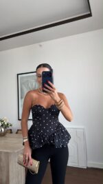 Black Polka Dot Peplum Corset Top