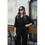 Black Pinstripe Button-Up Shirt and Pants Set - Image 2