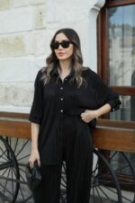 Black Pinstripe Button-Up Shirt and Pants Set - Image 2