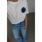 White T-Shirt With Blue Flower Brooch - Image 3