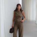Women's Khaki Sleeveless Linen Pant Set