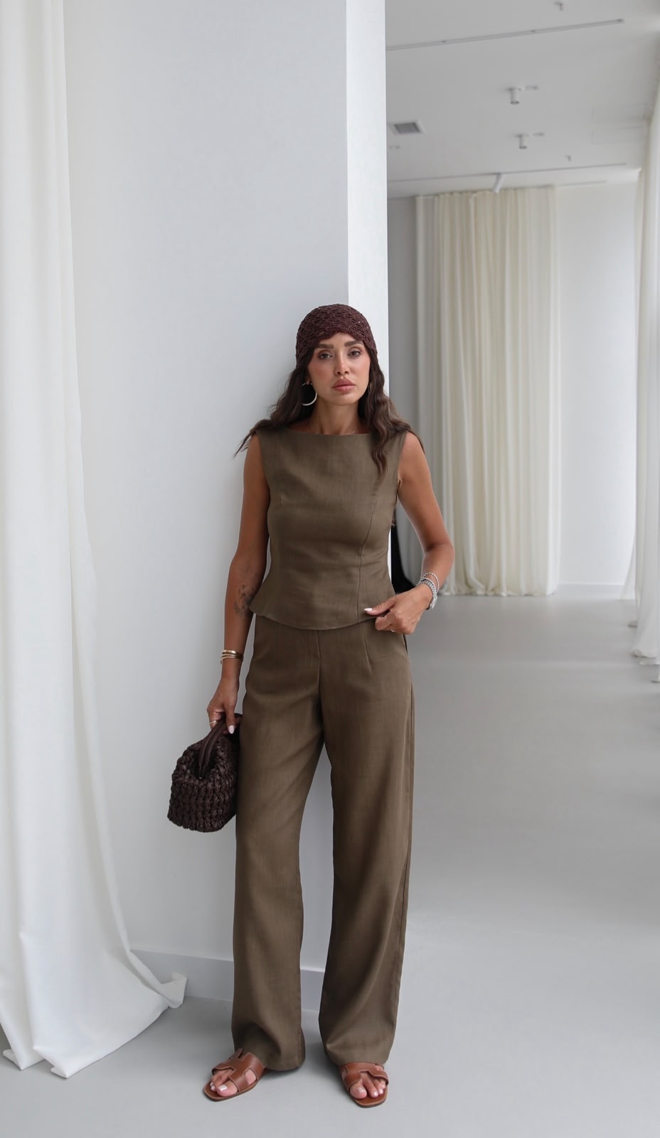 42b062d8-0d8f-471a-9022-bd969dd8f636 Women's Khaki Sleeveless Linen Pant Set - Image 1