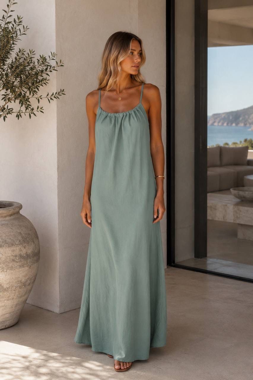 4b266a30-cad7-4322-aa10-5a2ab06898a9 Sage Green Spaghetti Strap Maxi Dress - Image 1