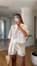 White Eyelet Embroidered Shirt and Shorts Set